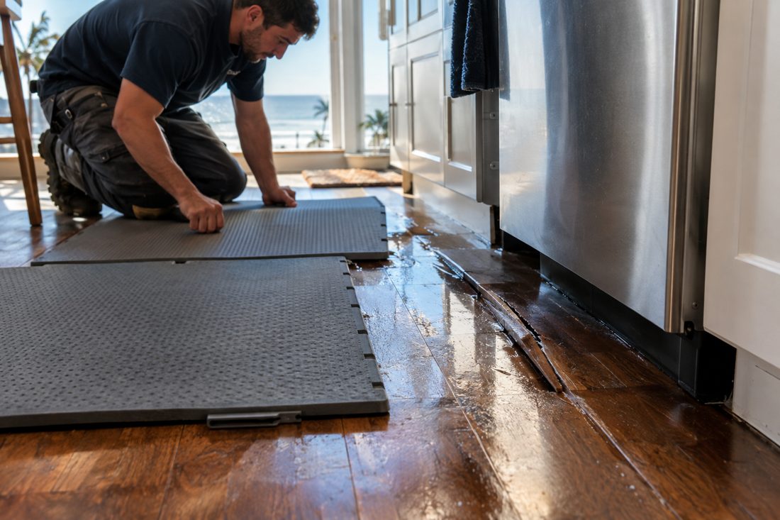 Wet hardwood floor boards cupping near a dishwasher, with drying mat panels laid on top at a narrow two-story beach townhome a few blocks from the ocean in Hermosa Beach, CA