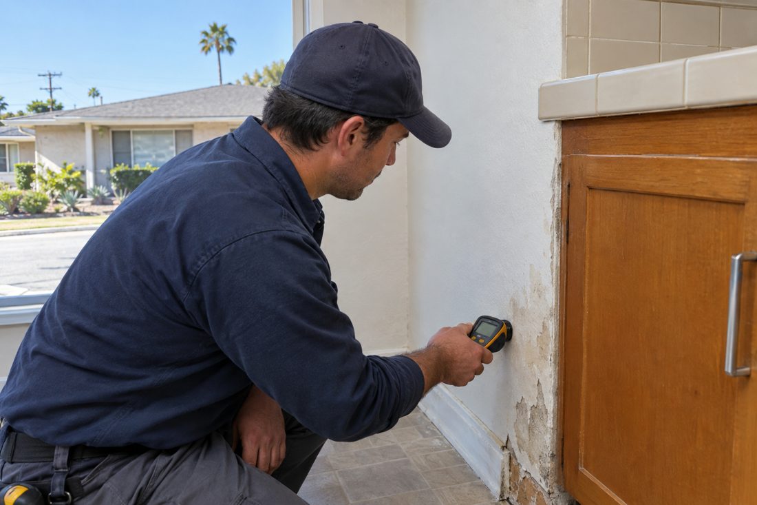 A close view of a technician measuring damp drywall beside a kitchen cabinet in a modest El Segundo ranch in El Segundo, CA