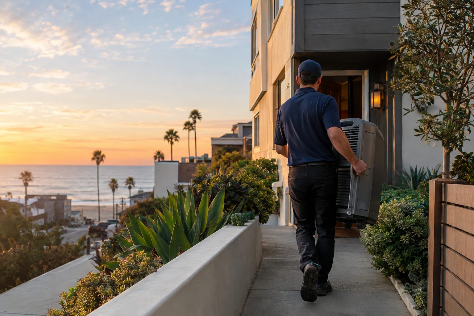 A technician carrying a commercial dehumidifier up the front walk at dusk at a narrow two-story beach townhome a few blocks from the ocean in Hermosa Beach, CA